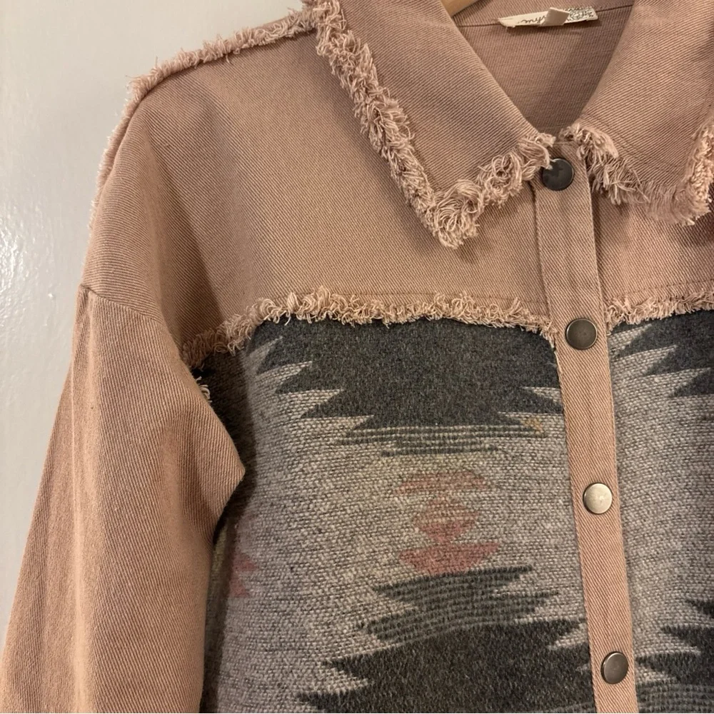 Mystree Womens S Western Wool Bl Blanket Denim Raw Edge Snap Pink Shacket Jacket